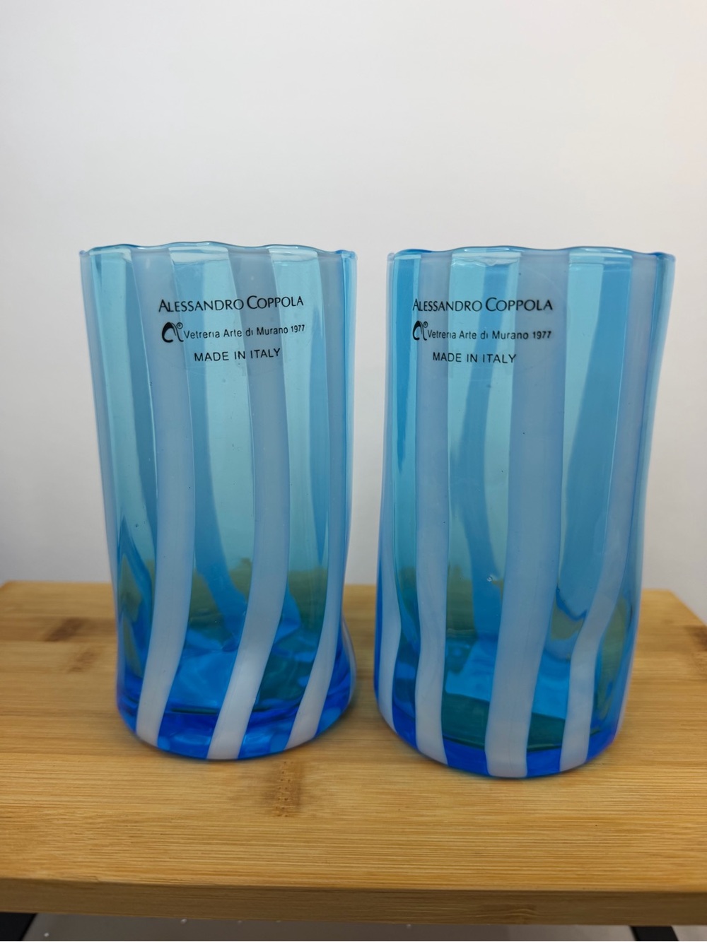 Alessandro Coppola Arte di Murano Italy Blue Glass Tumblers Set of 2 NWT